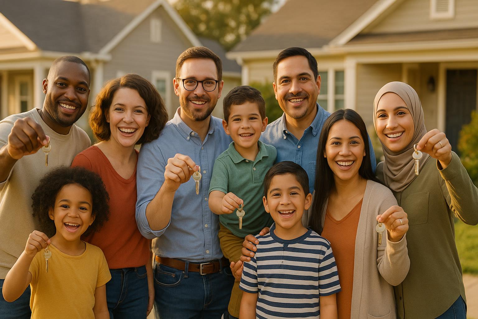 Diverse families celebrating homeownership