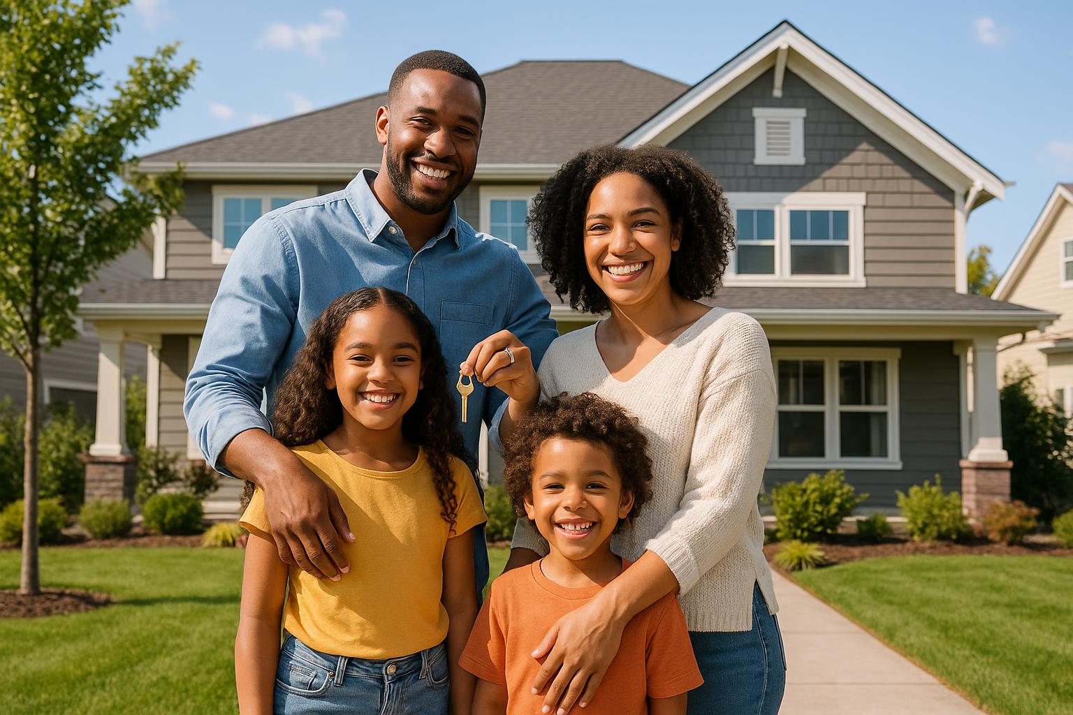 Happy family in front of their new home